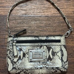 Nicole Miller Black and Cream Snake Print Wristlet